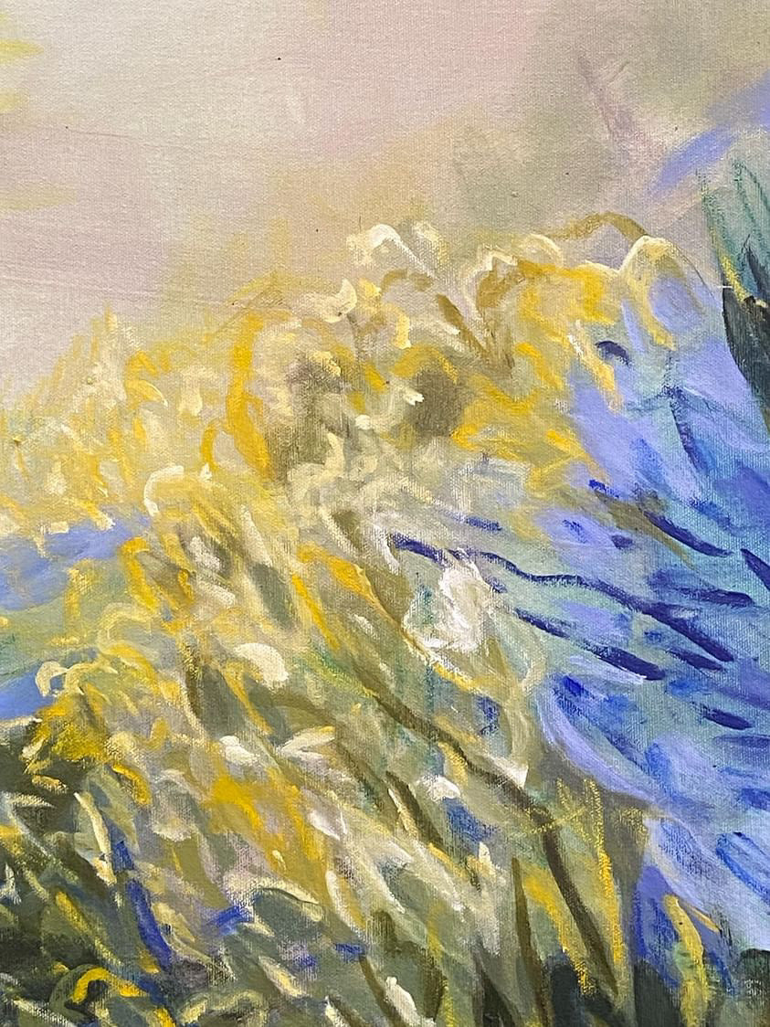 Agapanthus floral abstract artwork detail yellow and purple flowers