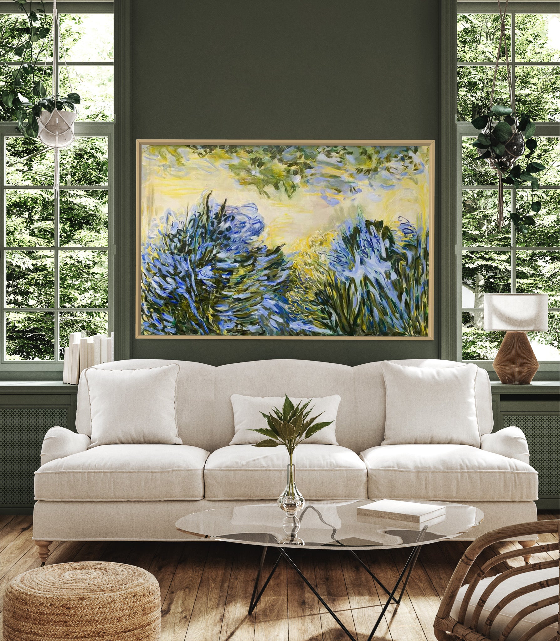 Agapanthus expressive foral abstract artwork in green living rom